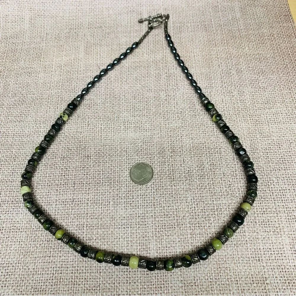 Silvertone Green Jasper Black Onyx Hematite Stone Necklace
